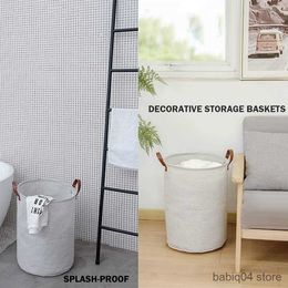 Storage Baskets Round Laundry Basket Storage Organiser Collapsible Large Drawstring Clothes Hamper with Leather Handle Ropa R230720