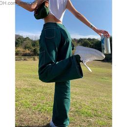 Women's Jeans Fashion Trend Green High Waist Straight Jeans Women Street Style Multi Pocket Design 90s Retro Pants vintage streetwear Z230720