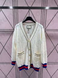 Women's V-neck Gold Stripe Knitted Casual Sweater Button Long Sleeve Ladies Sweater Cardigan
