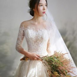 2021 Wedding Dress Lace Three Quarter Sleeves Sweep Brush Train Crost Back A-Line Princess Vintage Bride Dresses206b