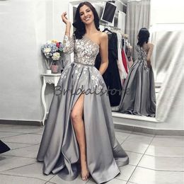 Sexy Silver Prom Dresses One Long Sleeve Lace Formal Evening Gowns Appliques Slits Women Party Wear Skirts With Pocket 2020 robes 275O