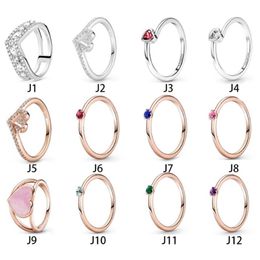 NEW 100% 925 Sterling Silver Ring Fit Pandora Love Heart Diamond Red Blue Green Birth Stone Rings for European Women Wedding Origi215W
