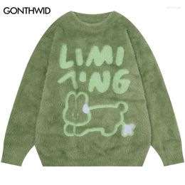 Men's Sweaters Harajuku Fuzzy Mohair Sweater Hip Hop Kawaii Knitted Fluffy Jumpers 2023 Fashion Casual Y2K Green Beige Black