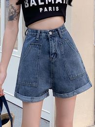 Women's Shorts Spring Summer Women High Waist Big Pocket Streetwear Female Wide Leg Button Retro Jeans Ladies Bottoms