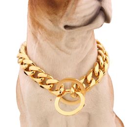 sell 15mm 12-34 inch Gold Tone Double Curb Cuban Rombo Link Stainless Steel Dog Chain Necklace Collar Whole Drop230R