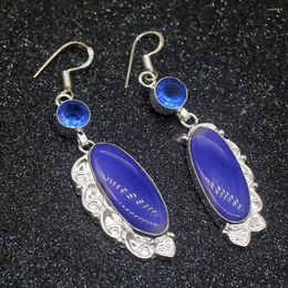 Dangle Earrings Wonderful Unique BotswanaAgate BlueTopaz Silver Colour For Women Drop 2 5/8 Inch HD545