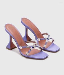 Dress Shoes Purple Flower Crystal Cross Straps Slip On High Heel Slippers Heeled Sandals Glitter Women Chunky Summer Party