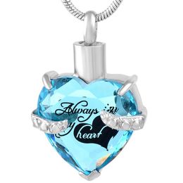 IJD9790 Always In My Heart Birthstone Crystal Urn Necklace Heart Memorial Keepsake Pendant Ash Holder Cremation Jewellery for Ash253v