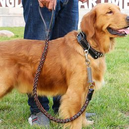 Dog Collars Leashes Leather Leash for Large Dogs Strong Braided with Buffer Spring Pet Traction Rope German Shepherd 230720