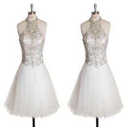 Glitter High Neck White Short Homecoming Prom Dress Cheap Sheer Neck Rhinestones Sequins beaded Top Tulle Beaded Graduation Cockta313E