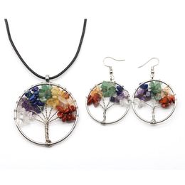 Life Tree Pendant Necklace Earrings Set 7 Chakra Stone Beads Natural Amethyst Silver Plated Jewelry Sets Gift for Women2310