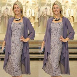 Elegant Tea Length Plus Size Mother Of The Bride Dresses With Chiffon Jacket 3 4 Sleeves Spaghetti Lace Special Occasion Dress Plu216h