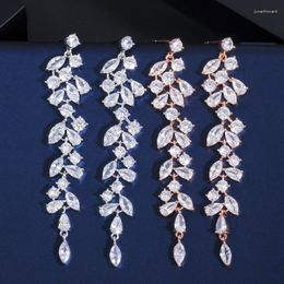 Dangle Earrings ThreeGraces Elegant Cubic Zirconia Rose Gold Color Long Leaf Drop For Women Engagement Party Jewelry E1262