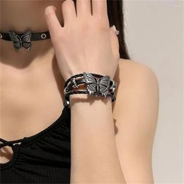 Link Bracelets Vintage Punk Butterfly Bracelet For Women Trend Charm Gothic PU Leather Adjustable Hip Hop Jewelry Couple Accessories