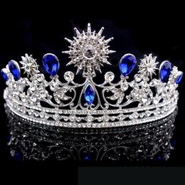 Retro Royal Blue Wedding Crown Tiara Headdress For Prom Quinceanera Party Wear Crystal Beaded Updo Half Hair Ornaments Bridal Jewe2132