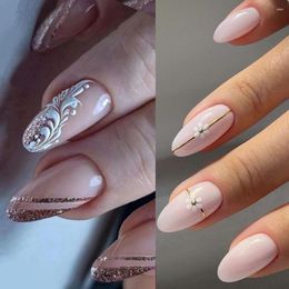False Nails Long Almond Manicure French Frensh Flowers Fake Nials Detachable Glitter Press On Women