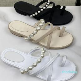 2023 New Sandals Cross strap combination women's slippers pearl flat sandals Simple design solid Colour Clip toe flip flop sliper fashion versatile