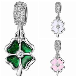 20pcs lot Fashion Silver plated Enamel Four Leafs Clover Design Alloy metal DIY Charms fit European Bracelet&Necklace Low PE271y