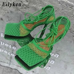 Sandals Eilyken 2023 New Sexy Mesh Pumps Sandals Female Square Toe High Heel Lace Up Cross-tied Stiletto Hollow Dress Shoes Size 35-42 L230720