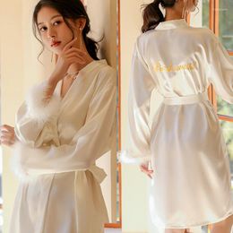 Women's Sleepwear Solid Colour Robe With Feathers Single Breasted Turn Down Collar Women Sleeping Clothes Set Satin Pyjamas Sets