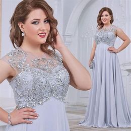 Elegant Silver Sequined Mother Of The Bride Dresses Beaded Sheer Jewel Neck Wedding Guest Dress Sweep Train Plus Size Chiffon Even238R