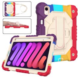 360° Rotating Stand Tablet Cases for iPad Mini 6 8.7 Inch Full Body Silicone PC Durable Kickstand Protective Shell with Shoulder Strap Colorful Rainbow Design