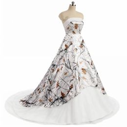 2021 Vintage White Camo Wedding Dress Strapless Lace-up Corset back realtree Camouflage Boho Beach Country Bridal Dresses Vestidos310m