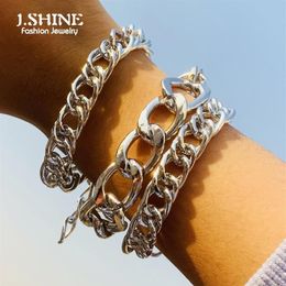 J Shine 3Pcs Set Punk Chunky Thick Miami Curb Chain Bracelets Bangles Gold Color Link Stackable Wrist Jewelry Charm2448