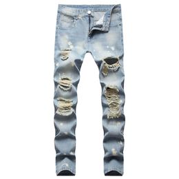 Ripped straight washed casual Jeans youth nostalgic men's trousers338L