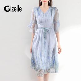 Casual Dresses Gizelle High Quality Summer Vintage Midi Dress 2023 Elegant Floral Print Chiffon Women Holiday Party Bodycon Vestidos De