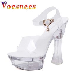 Sandals Clear Shoes Women Summer High Heels 14CM Steel Tube Dancing Female Shoe Crystal Transparent Peep Toe Thick Heels Platform Sandal L230720