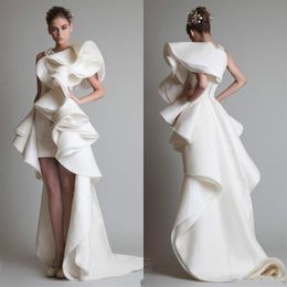 Modest Krikor Jabotian Luxury Ruffles High Low Evening Dresses Sweep Train Prom Dress Sheath Formal Party Gowns Custom Made275Q