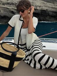 Urban Sexy Dresses Cotton Knitted Hollow Out Top Skirt 2 Piece Set Lapel Short Sleeve Tops Striped Suit 2023 Summer Women s Vacation Outfits 230720