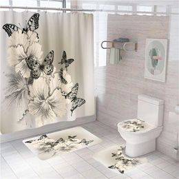 Shower Curtains Plant Style Rose Print Curtain With Hooks Bathroom Mat Set Anti-Slip Bath Carpet Sets Curtins And Rugs