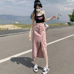 Skirts Casual Denim Skirt Ladies High Waist Wrap Hip Street Commuting Front Split Fashion Burrs Design A-line Jean Female