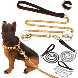 Dog Collars Leashes Stainless Steel Chain Metal Training Pet Thickness Gold Slip Dogs Collar and Leash for Large Pitbull Bulldog 230720