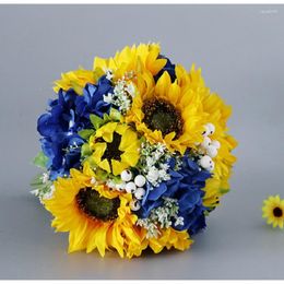 Flores de Casamento Girassol Amarelo Buquê de Noiva Falso Acessórios para Festa de Casamento Buquês de Noiva Decoração de Flores Azuis