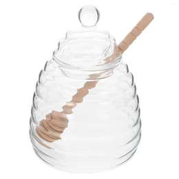 Dinnerware Sets Mason Jar Honey Pot Syrup Dispenser Stirrer Transparent Honeycomb Home Wood Clear