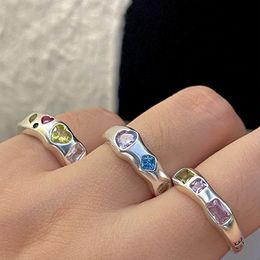 925 Sterling Silver Rings For Women Heart Colourful Stone Minimalist Open Adjustable Finger Rings Fashion Band Female Bijoux