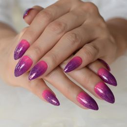 False Nails Glossy Ombre Purple Pink Medium Press On Nail Glitter Fake Full Cover Stiletto Salons Party Wear Tips For Women