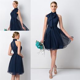 Navy Blue Short Bridesmaid Dress High Neck Chiffon Maid of Honour Dress For Junior Wedding Party Gown245I