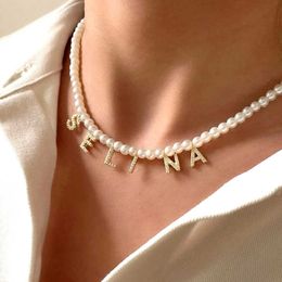 White Pearl Beaded Shiny Letter Pendant Necklace Choker For Women 26 English Alphabet Initial Diy Charms Collar Chain Boho Beach Necklaces Jewellery Gifts