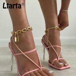 Sandals LTARTA Large Size 35-42 Women's Shoes Summer Sexy Square Toe Lock Chain Shoes Crystal Heel High Heel Sandals Women JXQ L230720