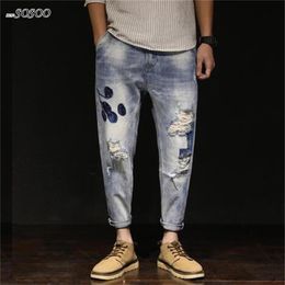 Embroidery ankle length pants man jeans Korean style ripped jeans for men beggars men#Y827293G