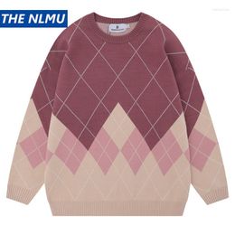 Men's Sweaters Men Hip Hop Knitted Sweater Streetwear Gradient Plaid Pullover 2023 Autumn Harajuku Cotton Casual Knitwear Y2K