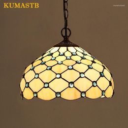 Pendant Lamps 12 Inch Stained Glass Lamp Vintage Art Suspension Light Restaurant Cafe Bar Fixture With Blue Clear Beads