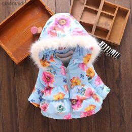 Newborn Baby Down Jacket Girls Cotton Printing Coats Faux Fur Hat Hooded Outerwear Winter Infant Warm Kids Casual Clothes 0-4 Y L230712