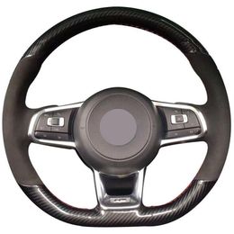 Carbon Fibre Leather Black Suede Car Steering Wheel Cover for Volkswagen Golf 7276l