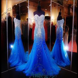 2019 Luxury Blue Mermaid Prom Pageant Dress with Sweetheart Sleeveless Sweep Train Sparkling Crystal Beading Tulle Formal Evening 2376