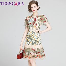 Basic Casual Dresses TESSCARA Women Luxury Embroidery Mesh Dress Festa High Quality Elegant Wedding Party Robe Femme Vintage Floral Designer Vestidos 230719